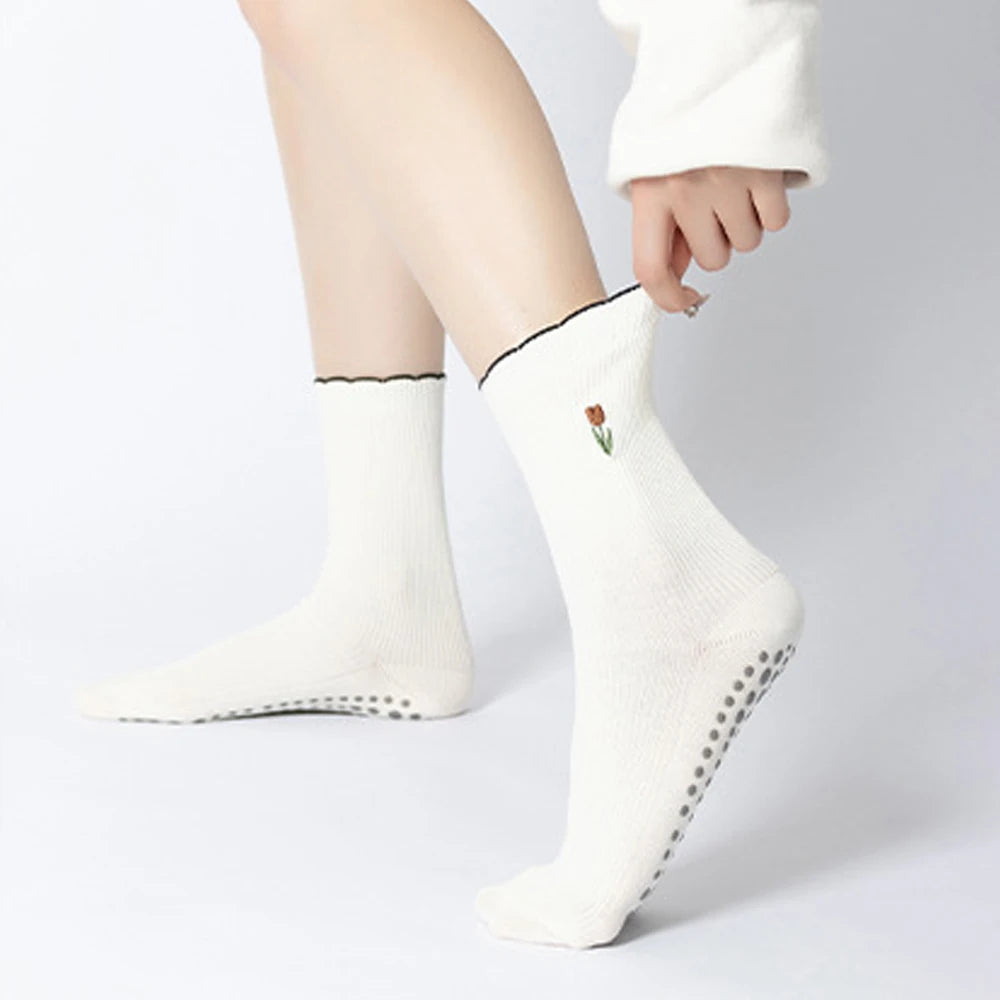 Elegant Embroidered Flower Non-Slip Yoga & Pilates Socks