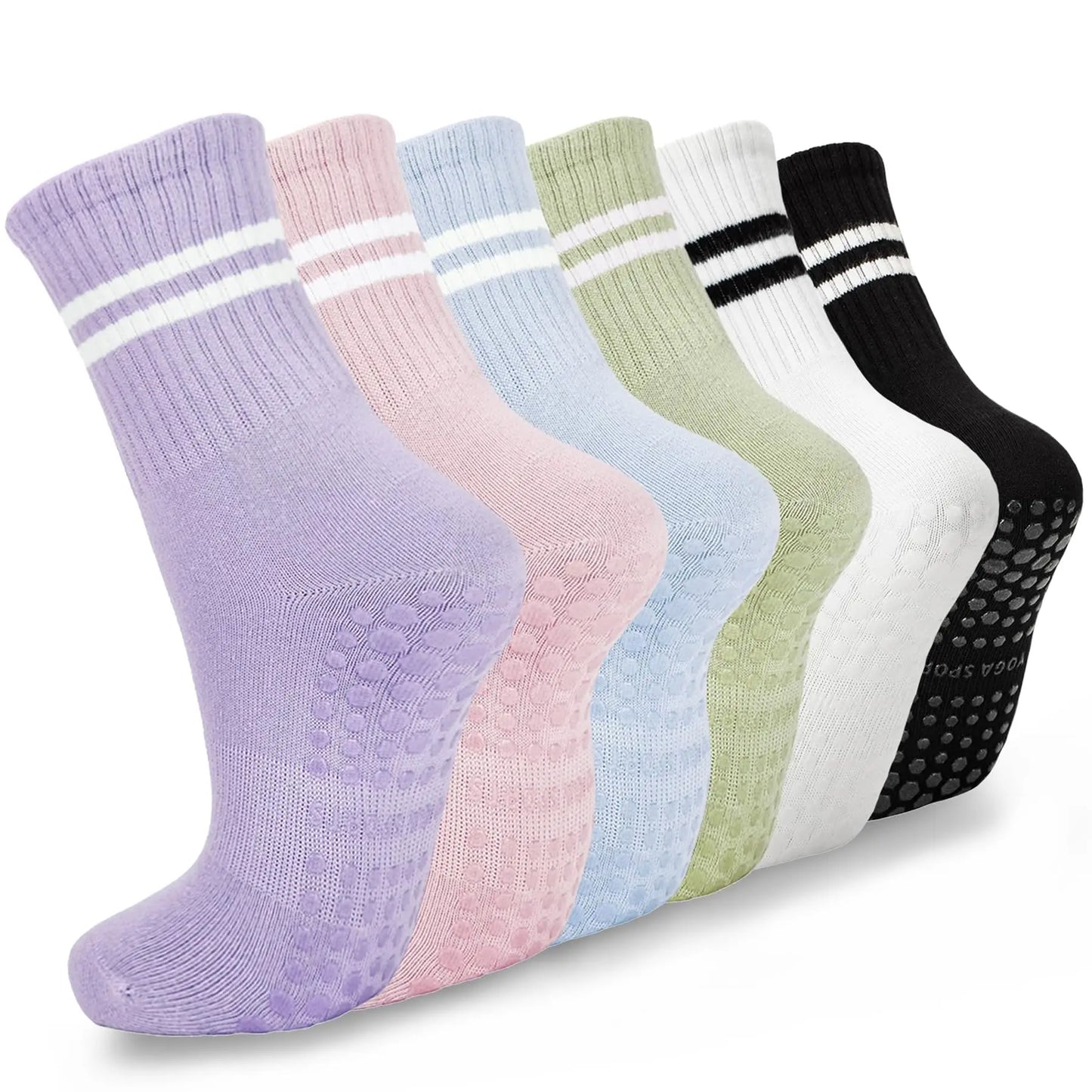 6-Pack Women's Anti-Slip Pilates Striped Knee-High Socks