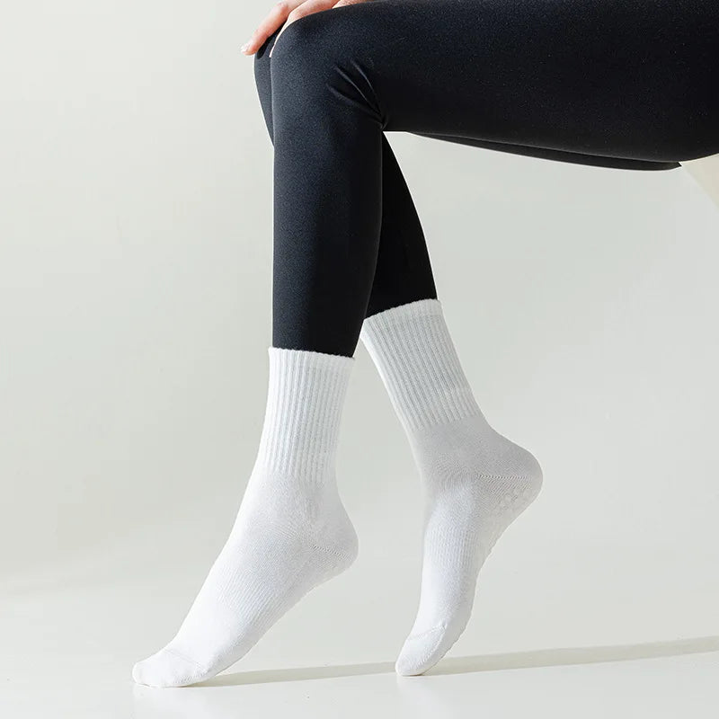 4 Pairs Mid Calf Pilates Socks with Silicone Non-Slip Grip