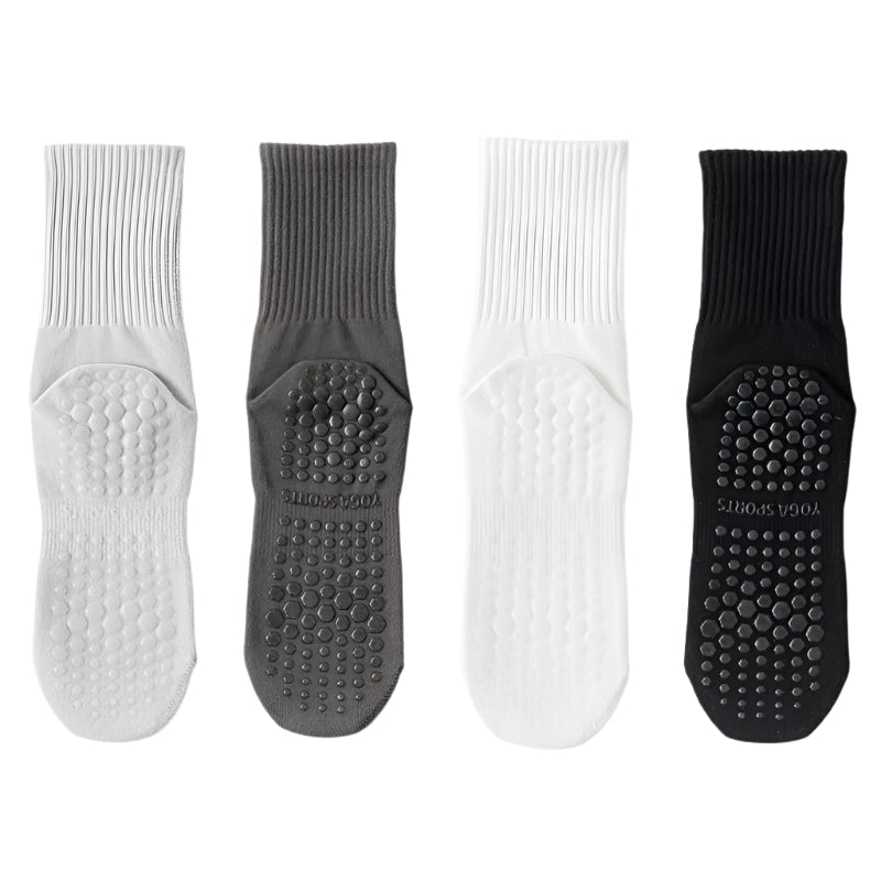 4 Pairs Mid Calf Pilates Socks with Silicone Non-Slip Grip