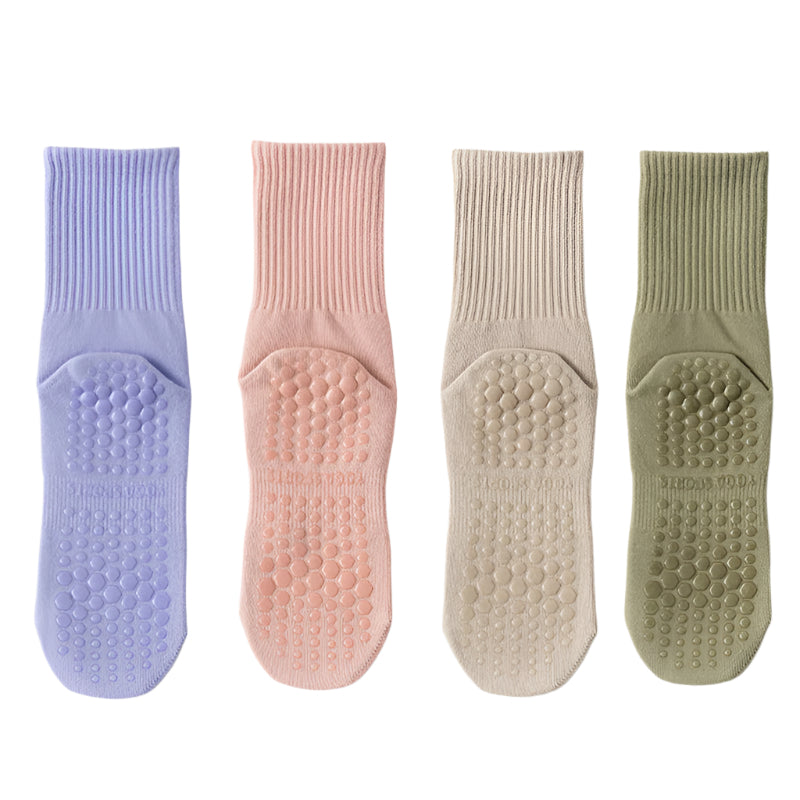 4 Pairs Mid Calf Pilates Socks with Silicone Non-Slip Grip
